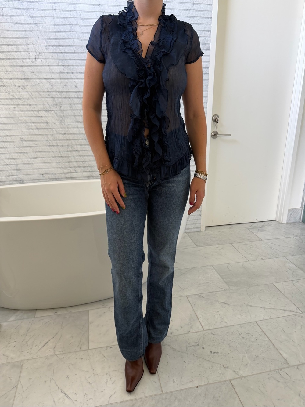 Sheer Ruffled Short Sleeve Blouse in Navy